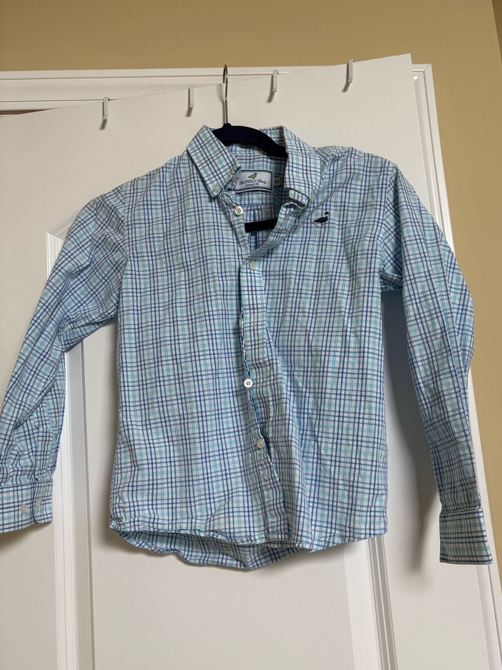 Properly tied boys 6/8 blue aqua plaid classic fit button down shirt